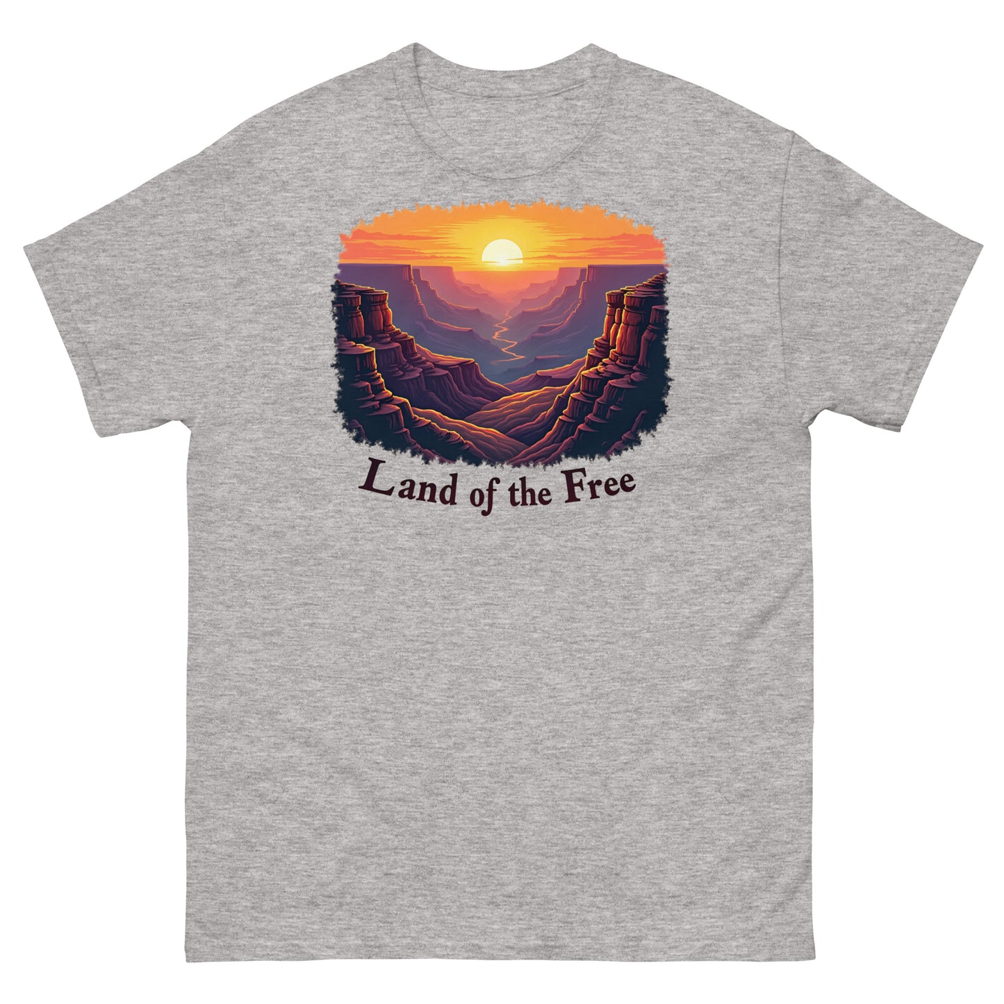 Sport grey t-shirt with a vintage canyon sunrise graphic and “Land of the Free” statement.