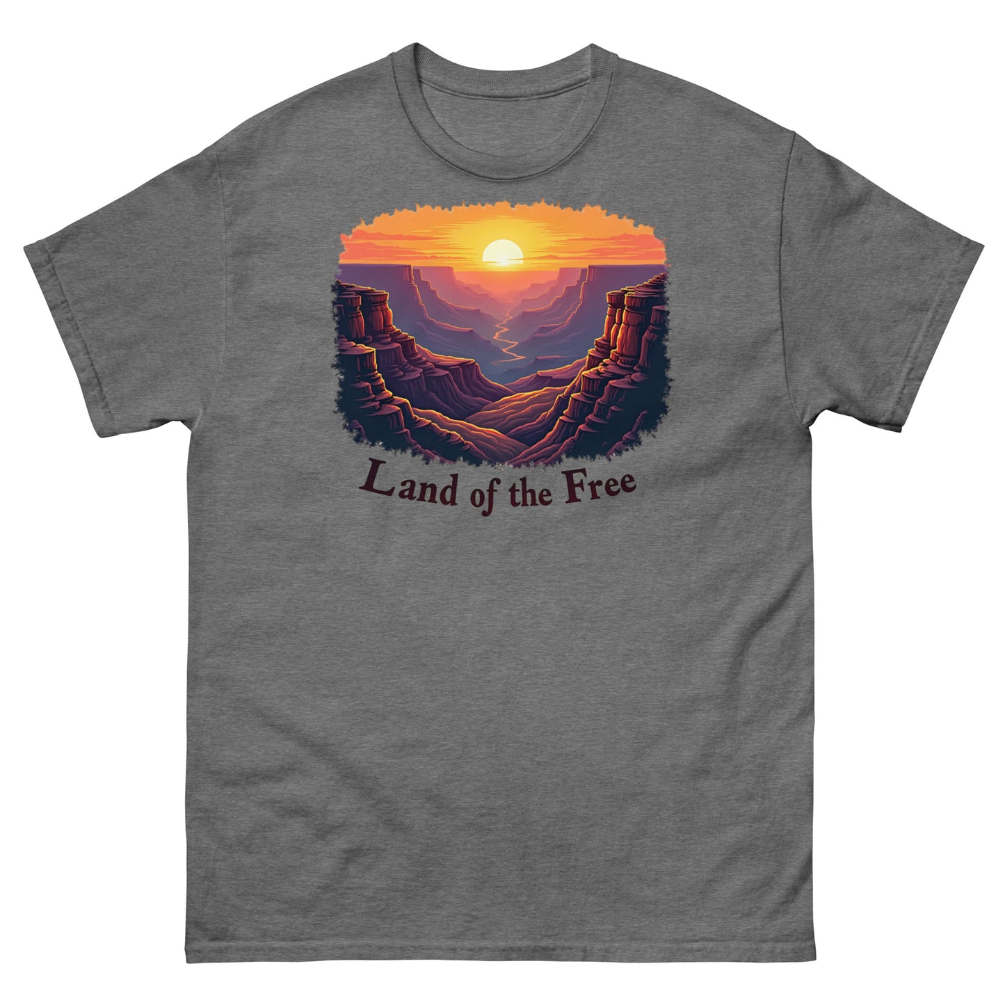 Graphite heather t-shirt with a vintage canyon sunrise graphic and “Land of the Free” design.