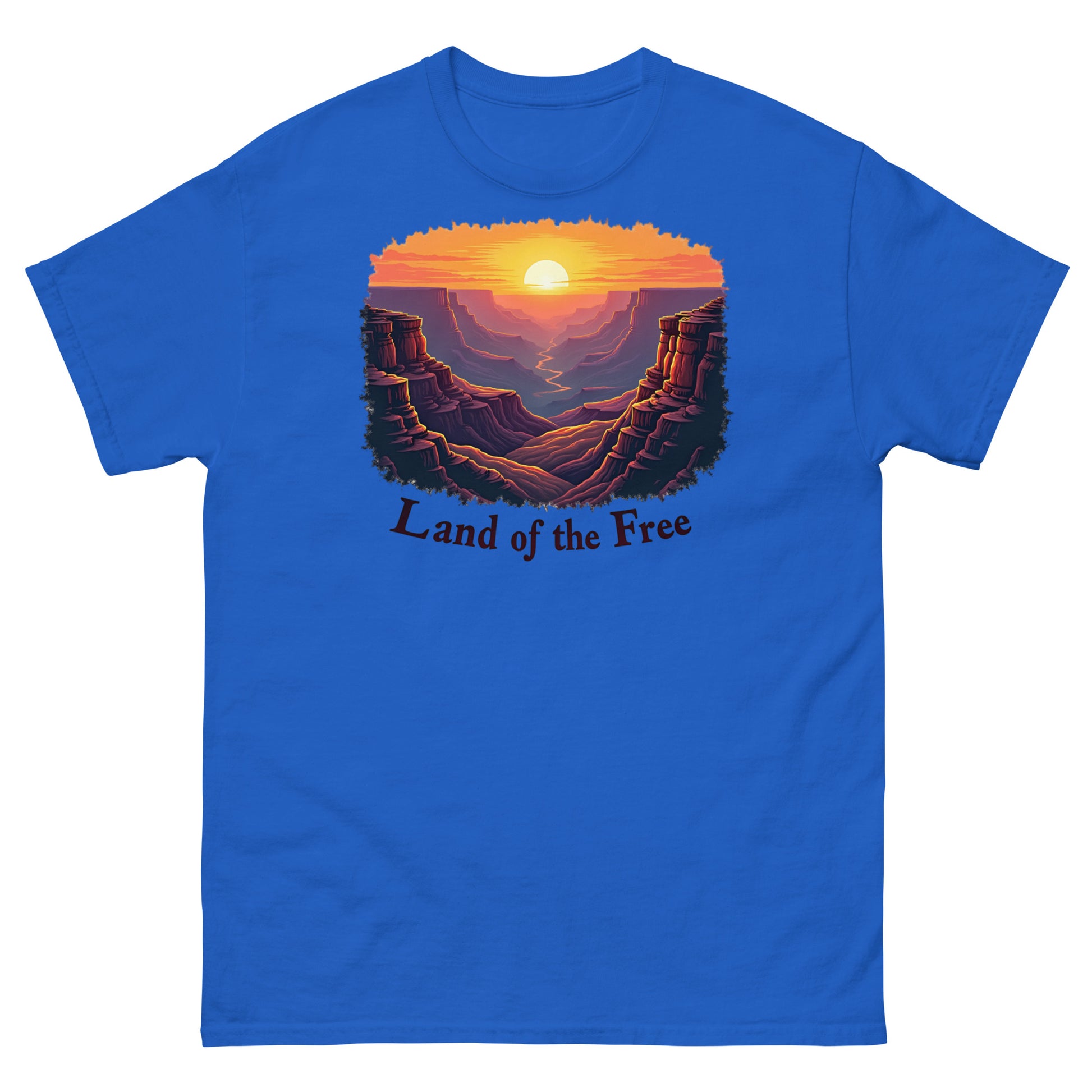 Patriotic canyon sunrise USA flag tee in royal blue