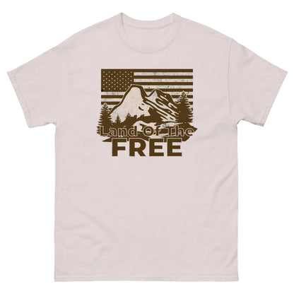Ice Grey t-shirt featuring vintage-inspired mountain and forest design with “Land of the Free” phrase.
