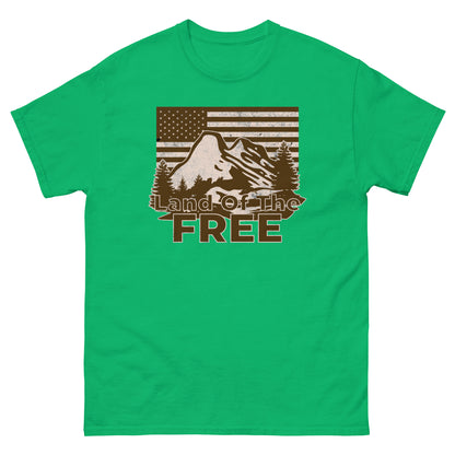Irish Green t-shirt with rustic “Land of the Free” outdoors design and American flag graphic