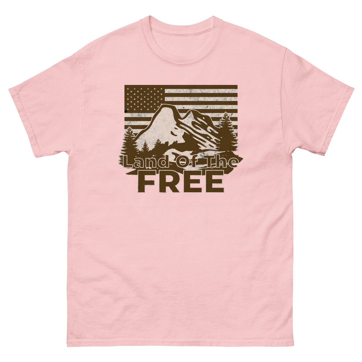 Light pink t-shirt with retro mountain design and bold “Land of the Free” text for outdoor enthusiasts.