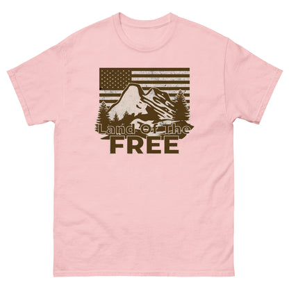 Light pink t-shirt with retro mountain design and bold “Land of the Free” text for outdoor enthusiasts.