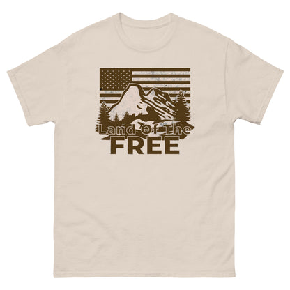 Natural color t-shirt with outdoorsy mountain graphic and “Land of the Free” slogan.