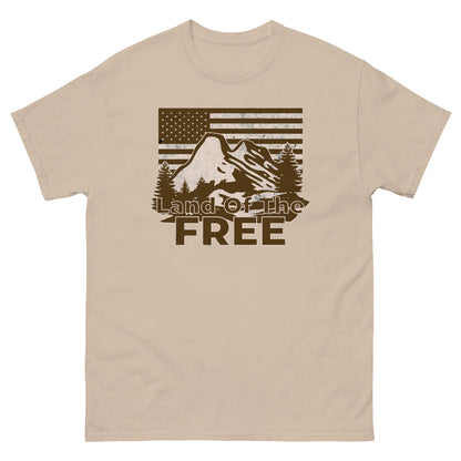 Sand color t-shirt with classic “Land of the Free” graphic in rustic mountain theme.