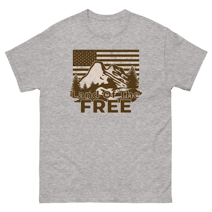 Sport Grey t-shirt featuring vintage American outdoors design with mountain, trees, and stars and stripes.