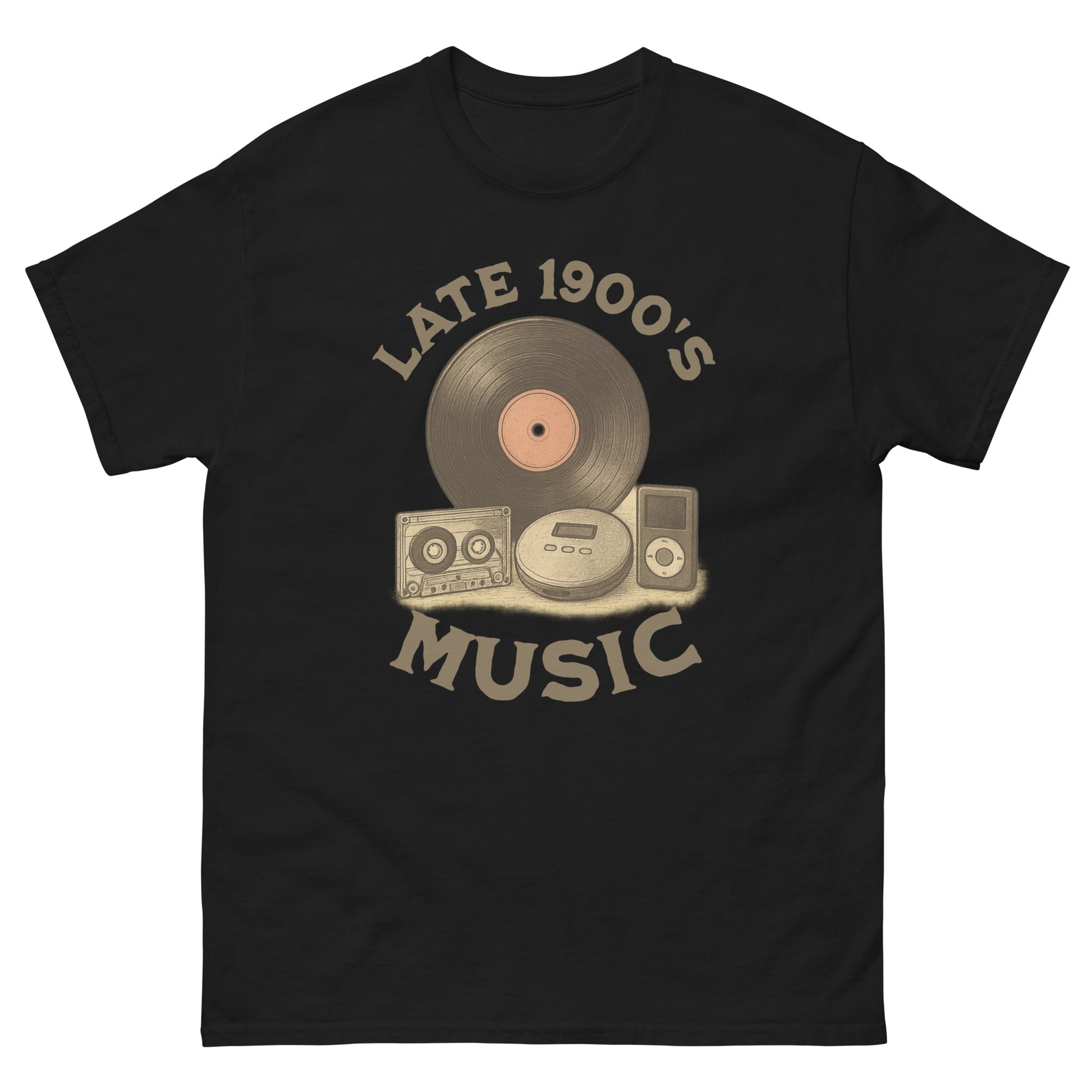 Black nostalgic music lover shirt with vintage tape, CD, vinyl and “Late 1900s” print