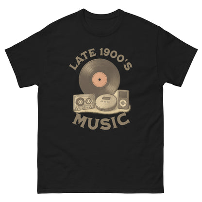 Black nostalgic music lover shirt with vintage tape, CD, vinyl and “Late 1900s” print
