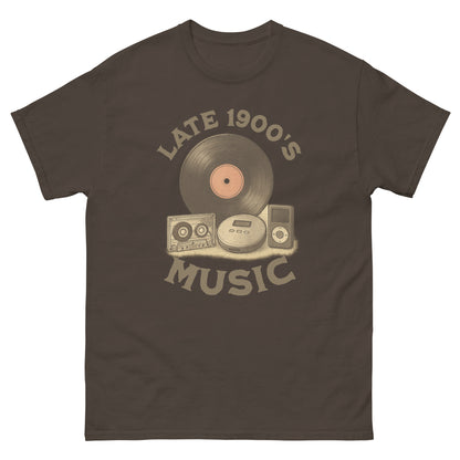 Dark chocolate throwback music shirt with cassette, CD player, vinyl, and iPod