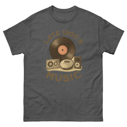 Dark heather retro music humor tee with “Late 1900s” graphic for vintage fans