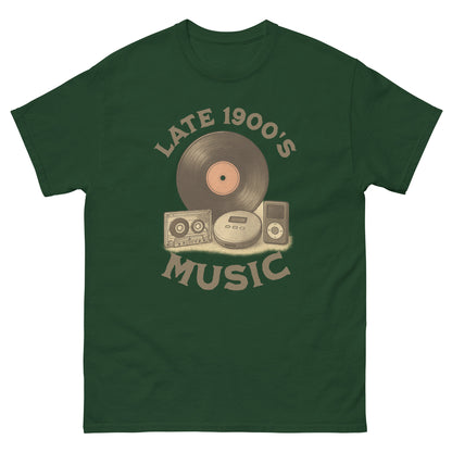 Forest green t-shirt with nostalgic music pun and illustrations of old-school media