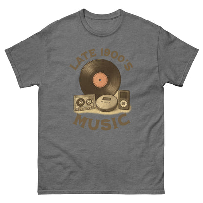 Graphite heather retro music shirt with classic tech and “Late 1900s Music” slogan