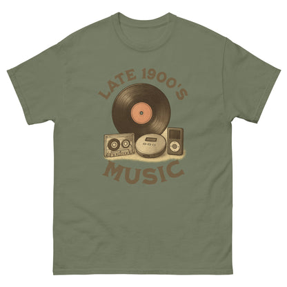 Military green ironic music history tee with old-school media devices and retro tone