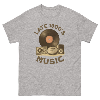 Sport grey music fan shirt with cassette, record, CD player, and early iPod illustration