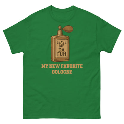 Turf green attitude shirt for introverts with faux cologne bottle graphic and isolation humor