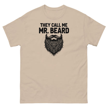 Sand-colored beard shirt featuring fun black beard design and bold uppercase quote