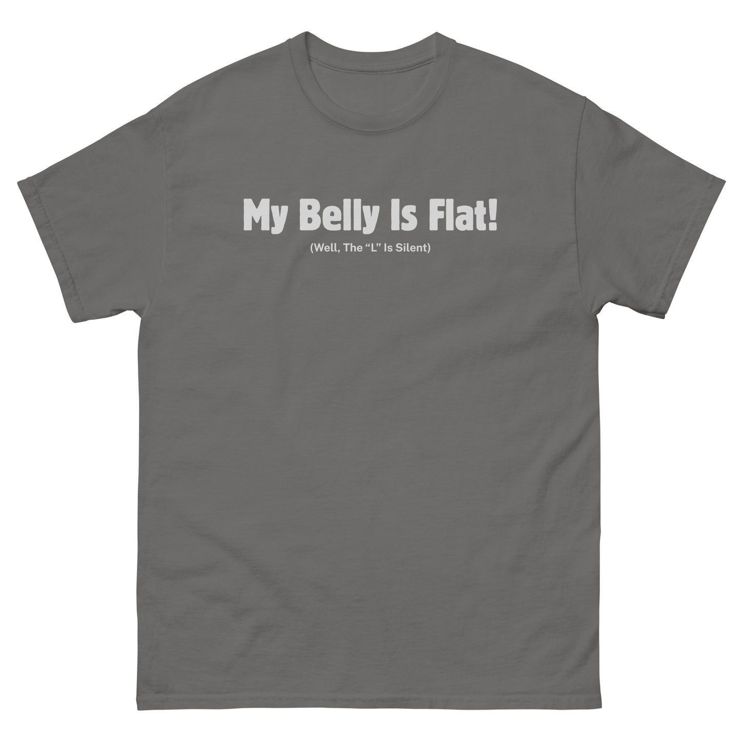 Charcoal humorous belly graphic tee with sarcastic L-is-silent joke design