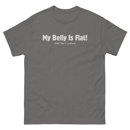 Charcoal humorous belly graphic tee with sarcastic L-is-silent joke design