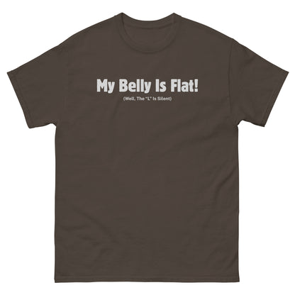 Dark chocolate funny belly shirt with self-aware humor text printed in white