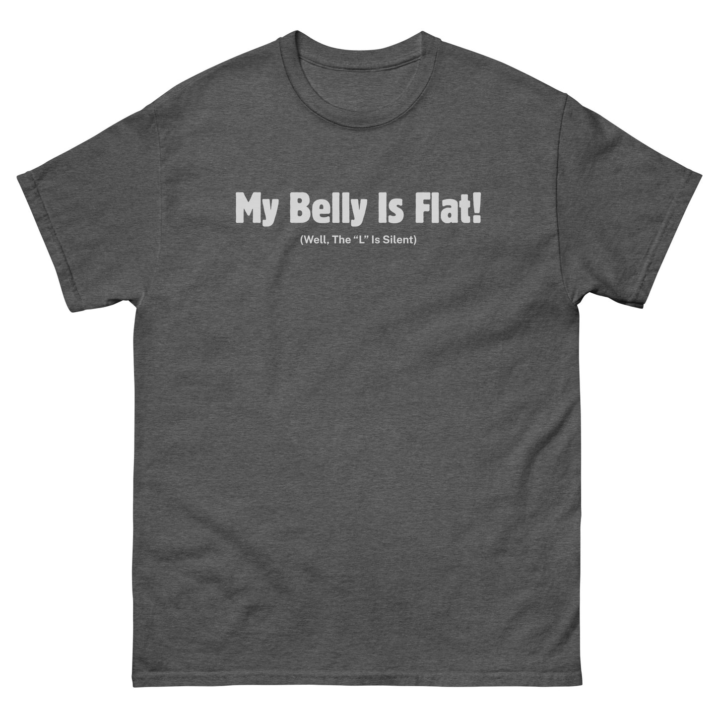 Dark heather funny graphic tee with belly joke for snack lovers and food-positive buyers