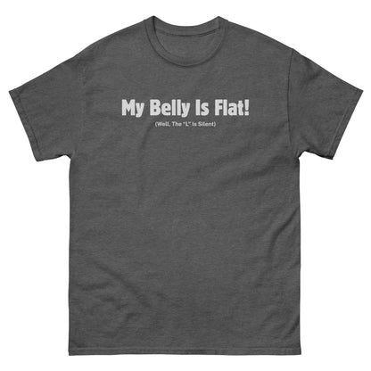 Dark heather funny graphic tee with belly joke for snack lovers and food-positive buyers