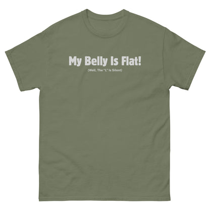 Military green funny dad bod shirt with quirky self-aware belly pun graphic