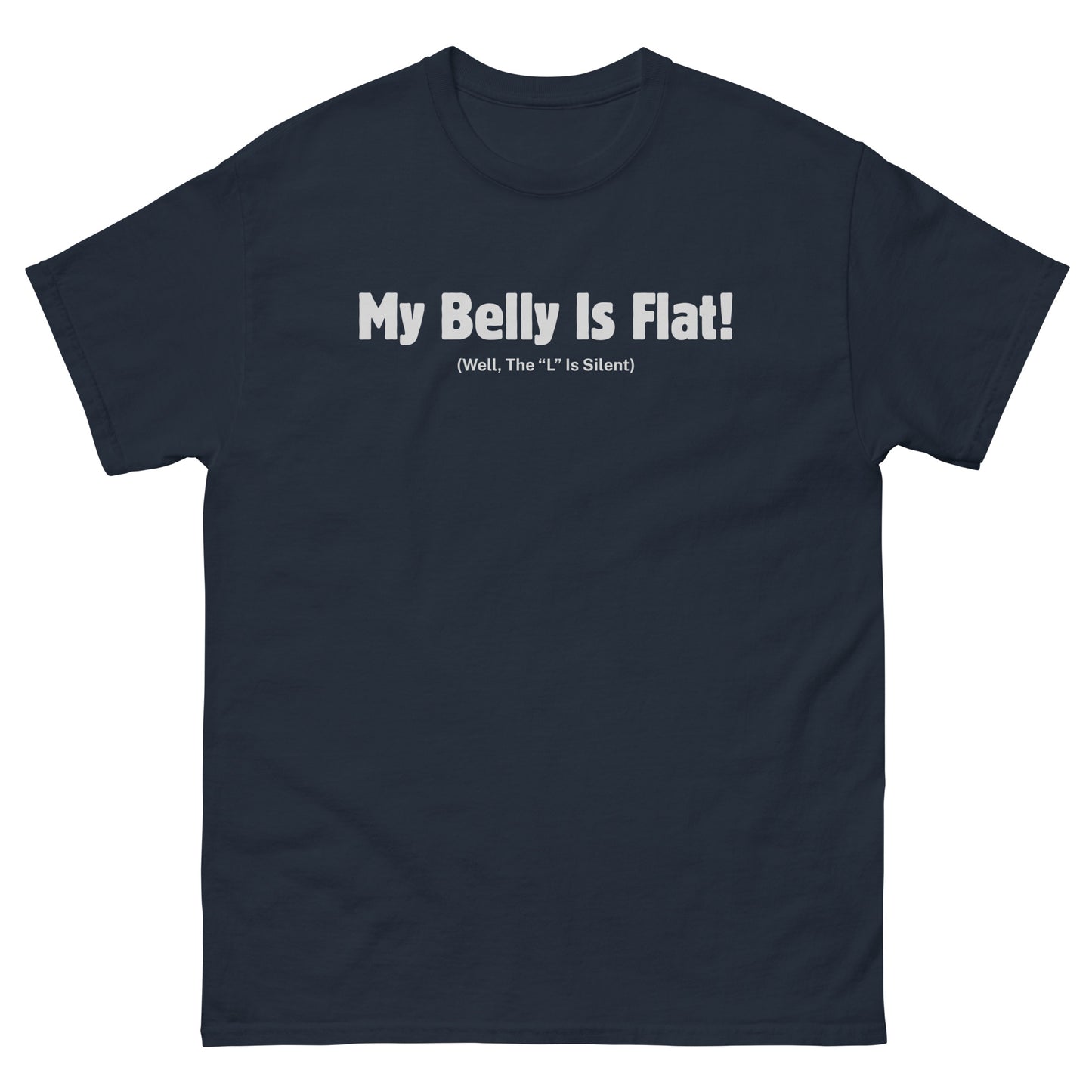 Navy sarcastic dad bod shirt with belly pun printed in white lettering