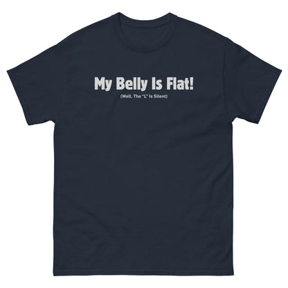 Navy sarcastic dad bod shirt with belly pun printed in white lettering