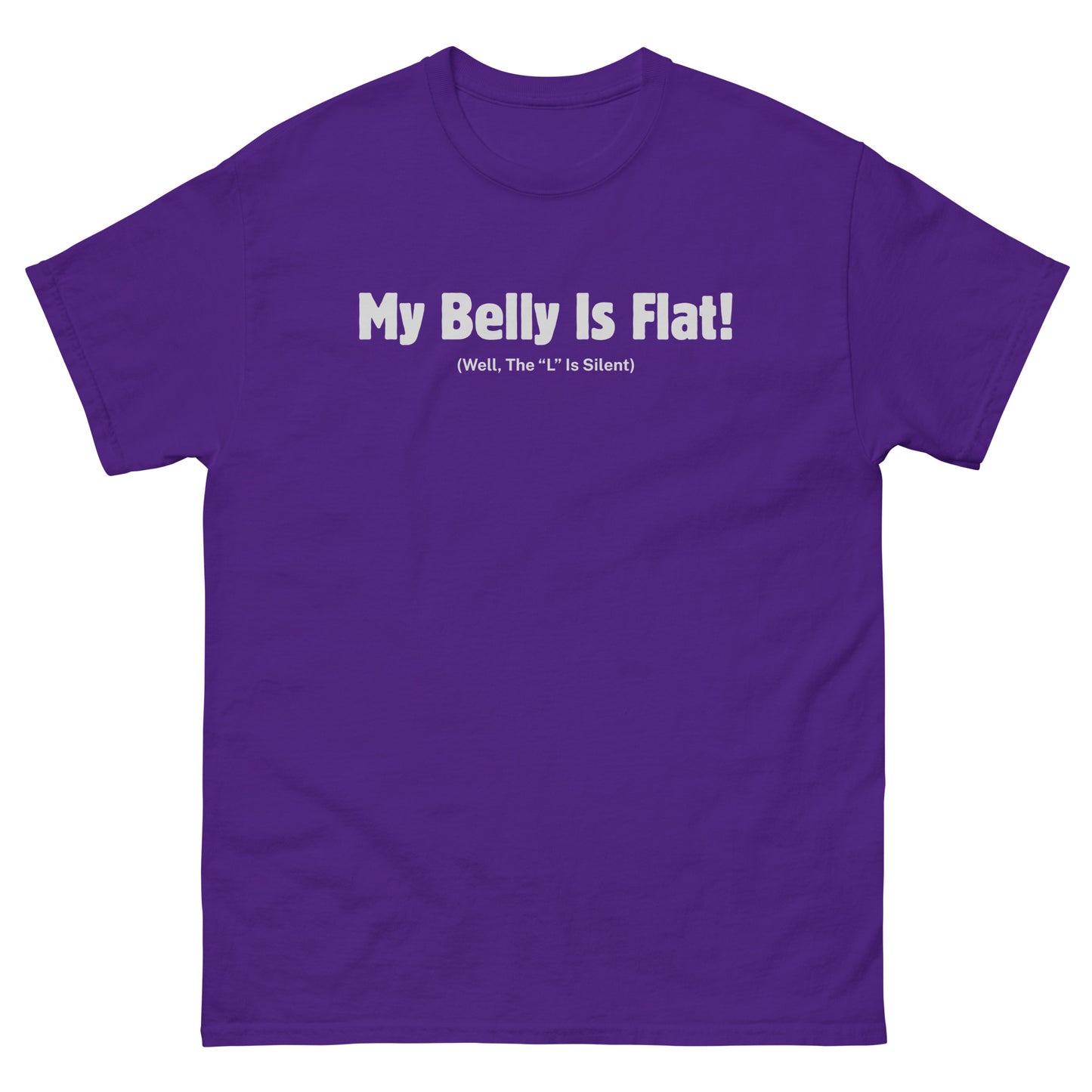 Purple novelty shirt with funny flat belly joke in clean bold typography