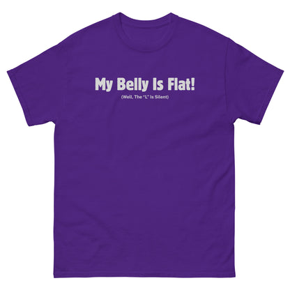 Purple novelty shirt with funny flat belly joke in clean bold typography