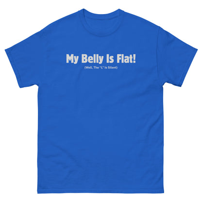 Royal blue sarcastic food tee with silent L belly pun for gift givers or self-deprecating shoppers