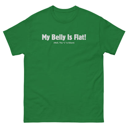 Turf green gag shirt with bold belly humor text and simple monochrome print