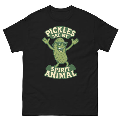  Black t-shirt with funny pickle graphic and quirky spirit animal food pun