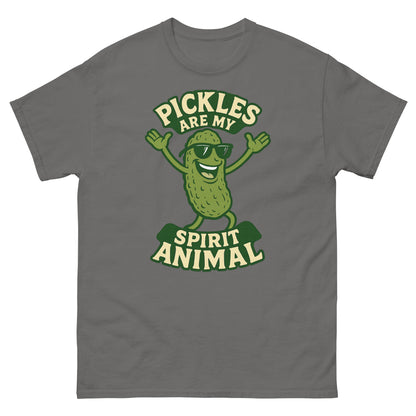 Charcoal colored shirt with dancing dill pickle and fun food spirit joke