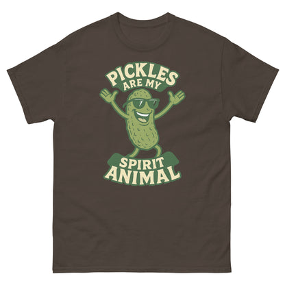 Dark chocolate shirt with quirky graphic of dancing pickle and spirit animal joke