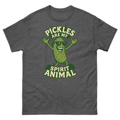 Dark heather quirky t-shirt with cartoon pickle graphic and punny slogan