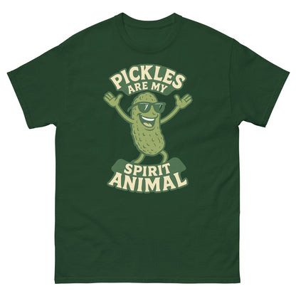 Forest green food pun shirt with happy pickle cartoon and bold lettering
