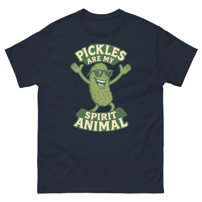 Navy foodie humor tee featuring dancing pickle and playful spirit animal quote