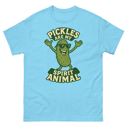 Sky blue shirt for quirky food fans featuring graphic pickle with sunglasses and phrase