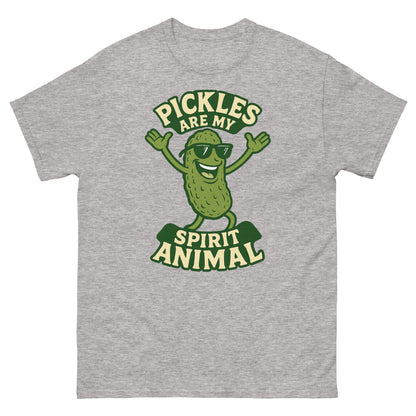 Sport grey shirt with cartoon-style pickle and funny quote for food pun fans