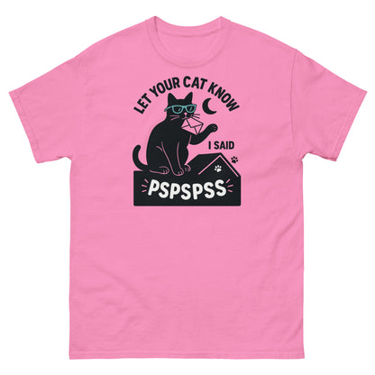 Azalea pink funny cat t-shirt with glasses-wearing cartoon cat and sarcastic feline message