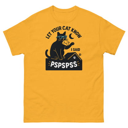 Gold t-shirt featuring quirky black cat and paw print graphic with playful pspspss slogan