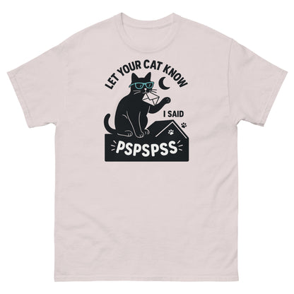 Ice grey cat owner tee with bold black pspspss graphic and crescent moon detail