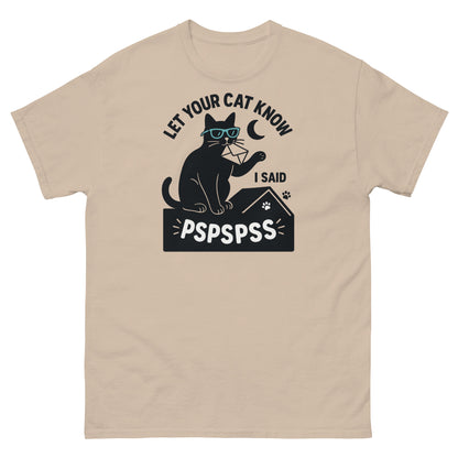 Sand-colored shirt with funny pet people design and bold black cat illustration
