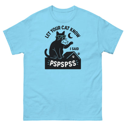 Sky blue quirky cat communication shirt with pspspss phrase and playful design
