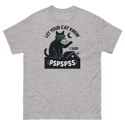 Sport grey graphic tee with “pspspss” cat lover quote and black cartoon cat