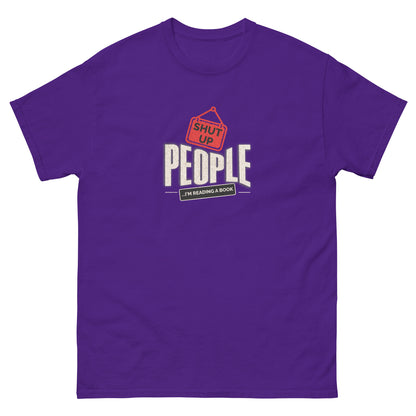Purple shirt featuring witty book lover design "Shut Up People"