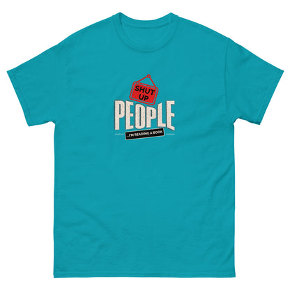 Tropical blue t-shirt featuring "Shut Up People" reading design