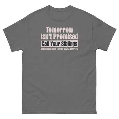 Charcoal novelty sibling tee with edgy prank message and bold humor