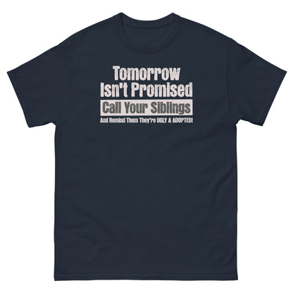 Navy funny family reunion shirt with call-your-sibling dark joke in big block lettering